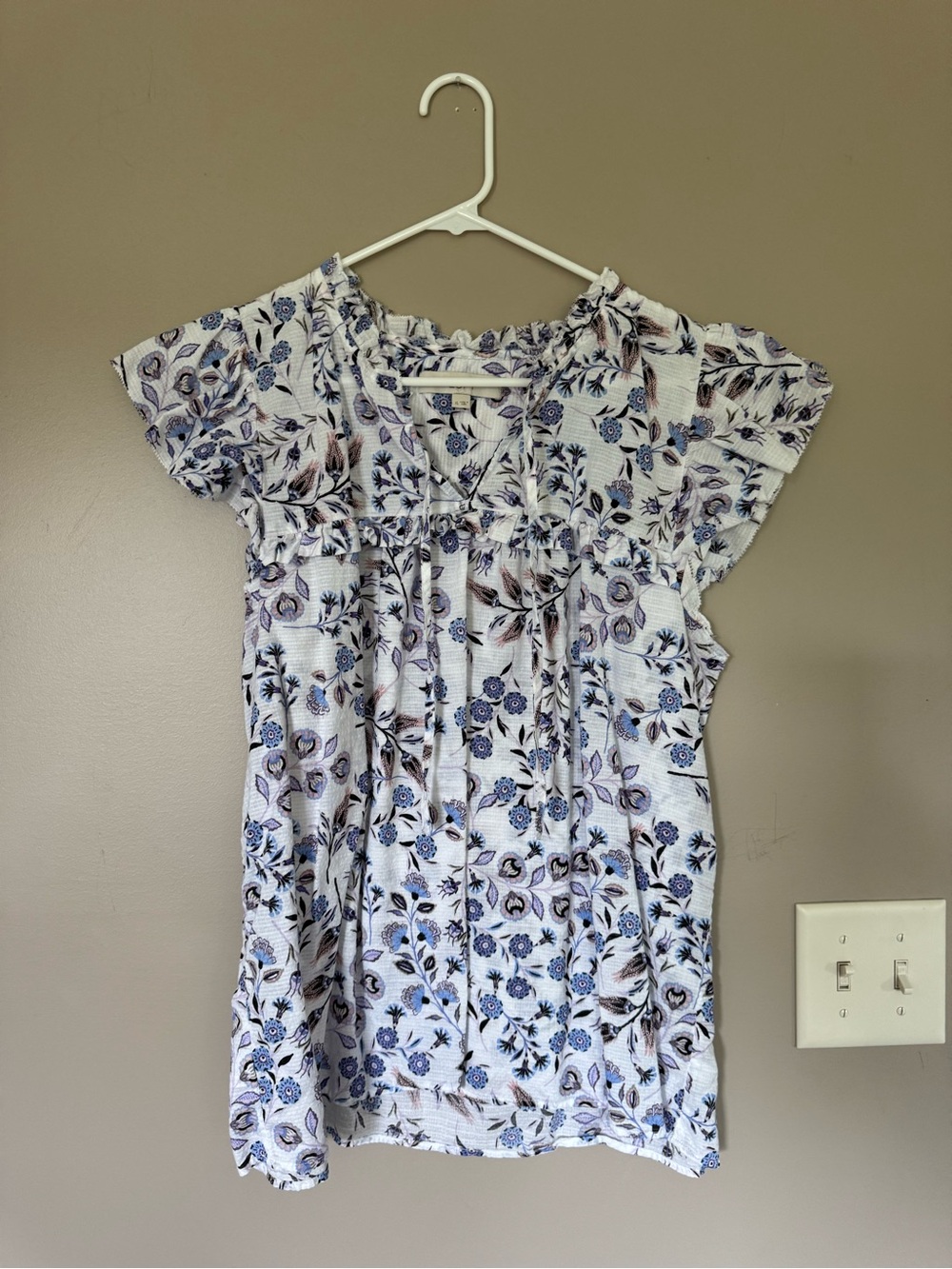 LOFT White Top with Blue Floral Print and Ruffle Neck